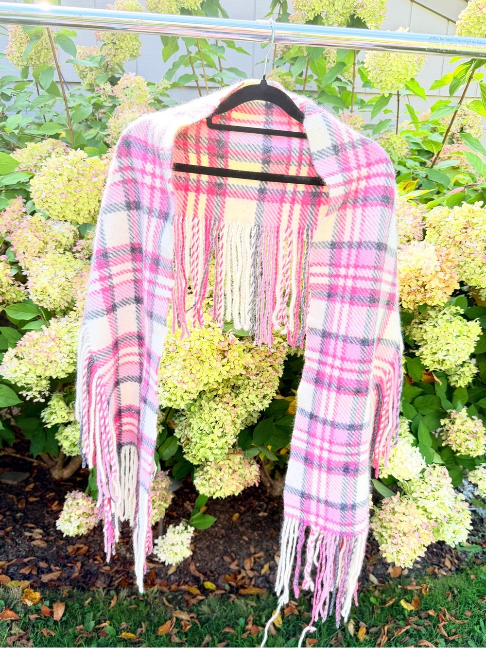 Banana Republic Pink Plaid Fringe Wrap Scarf